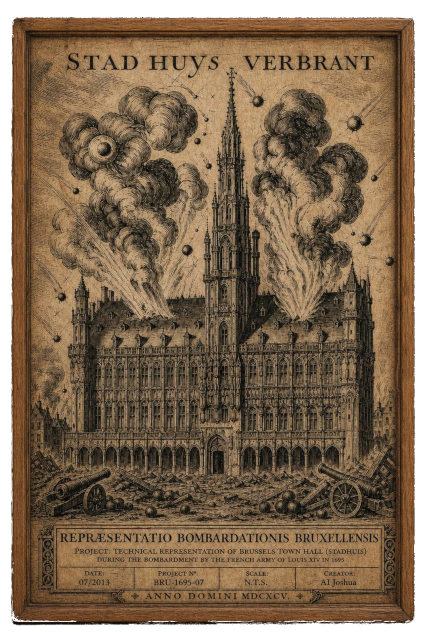 L'Hôtel de Ville en flammes pendant le bombardement de Bruxelles par l'armée de Louis XIV, août 1695