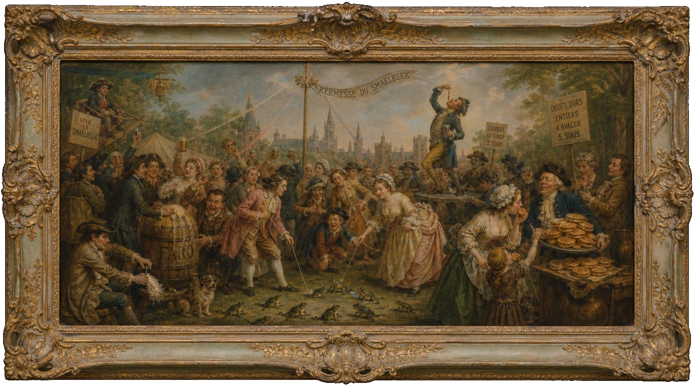 Peinture ancienne représentant, la kermesse du Smaelbeek avec l'inscription « Anno 1823 »